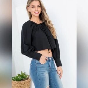 Black Tie Neckline Cuffed Long Sleeve Cropped Top